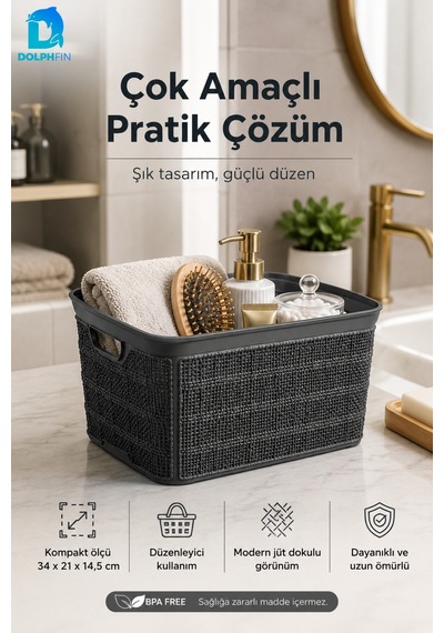 Jute Çok Amaçlı Kutu 10 L Plastik Mutfak Banyo Dolap İçi Düzenleyici Siyah