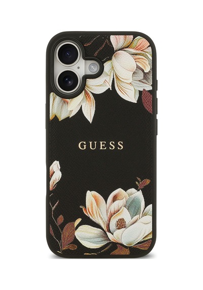 Apple Uyumlu iPhone 17 Kılıf Guess Lisanslı M-safeli Taneli Çiçek Tasarımlı Metal Yazı Logolu Kapak Siyah Siyah