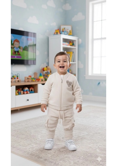 Bontino Erkek Çocuk Sweatshirt, Hırka Ve Pantolonlu %100 Pamuk 3'lü Spor Takım Ekru