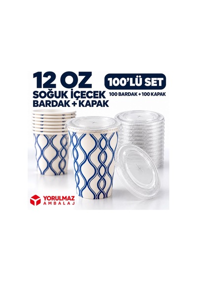 12 Oz Kapaklı Karton Bardak 100 Adet Soğuk İçecek Uyumlu Sızdırmaz Kağıt Bardak 50