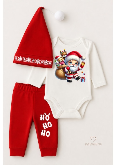 Babyden's Bebek Yılbaşı Noel Kıyafeti 3 Lü Set ,santa Baskılı Uzun Kollu Body, Kırmızı Pantolon,şapka Unisex Kırmızı - Beyaz