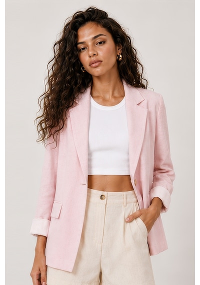 Barrels And Oıl Kadın Kolları Çizgili Düğmeli Blazer Ceket - Pembe Pembe
