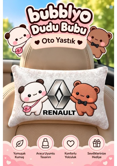 Bubblyo Renault Temalı Dekoratif Oto Yastığı Sevimli Çift Tasarım Beyaz Beyaz