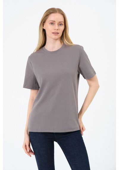 Kadın Bisiklet Yaka Kısa Kollu Basic T-shirt - İnterlok Kumaş Gri
