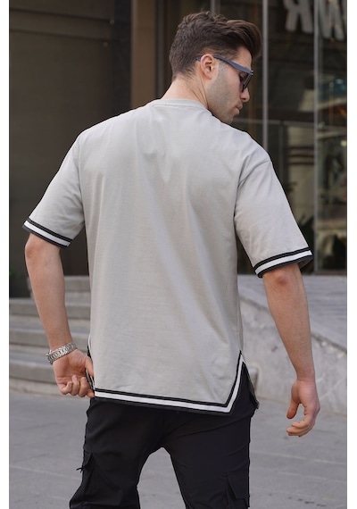 Madmext Boyalı Gri Bisiklet Yaka Şeritli Tişört 6097-boyalı Gri Boyalı Gri