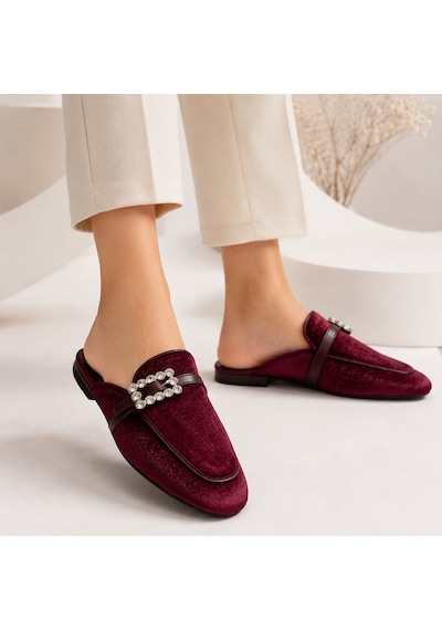 Dabab Shoes Marıgold Kadın Taşlı Tokalı Bordo Kadife Görünümlü Kapalı Burun Düz Taban Mule Terlik