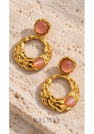 Riody Rose Velours Gold Renkli Pudra Pembe Kedi Gözü Görünümlü Kadın Küpe Altın - Sarı