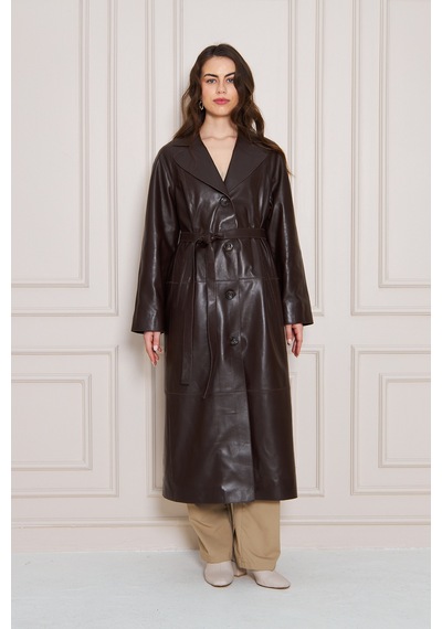 M M Marki Marki Kadın Hakiki Deri Trençkot Kahverengi, V Yaka, Kuşaklı, Düğme Kapamalı, Oversize, 120 Cm - 117222