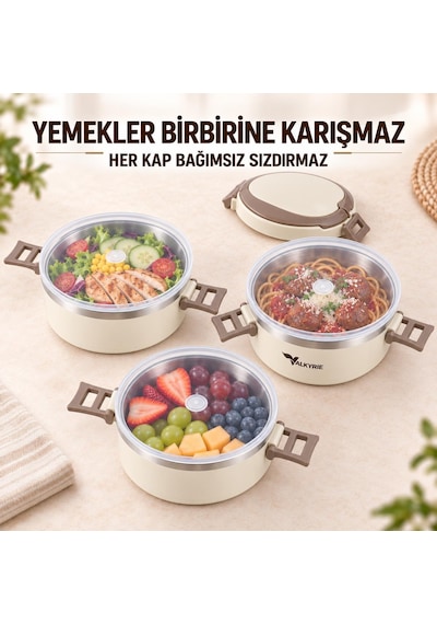 Valkyrie 3 Katlı 304 Paslanmaz Çelik Yemek Termosu Isı Yalıtımlı Sızdırmaz Sefer Tası Termal Çantalı Krem