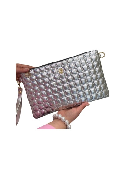Wikidays.s Moda Trendi Kare Kapitone Desenli Kadın El Ve Omuz Çantası Portföy Clutch Orta Boy Gümüş
