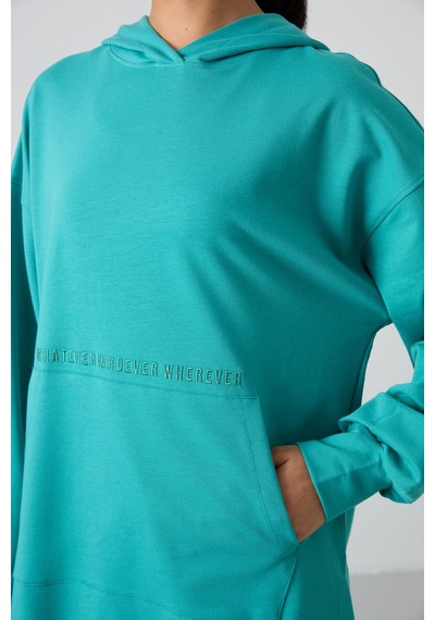 Tommy Life Deniz Yeşili Balon Kol Yazı Nakışlı Kadın Oversize Tunik Sweatshirt - 97163 Yeşil