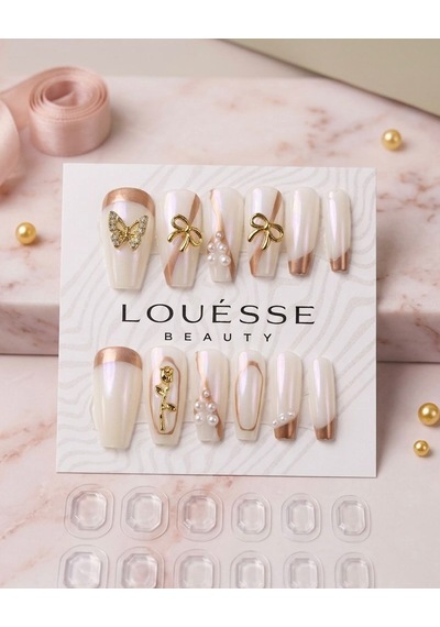 Louésse Golden Grace Takma Tırnak 12 Li Beyaz Gold İnci Detaylı Elegant Mood Nail