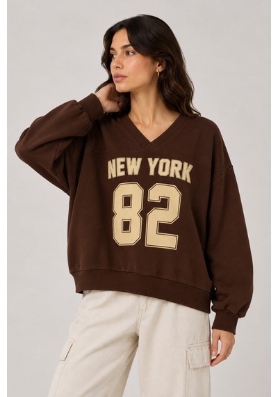 Vadon 1046 Kadın V Yaka New York Baskılı 3 İplik Pamuklu Sweatshirt Kahverengi