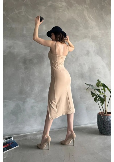 Nido Moda Kadın İp Askılı Yırtmaçlı Midi Dalgıç Elbise Bej