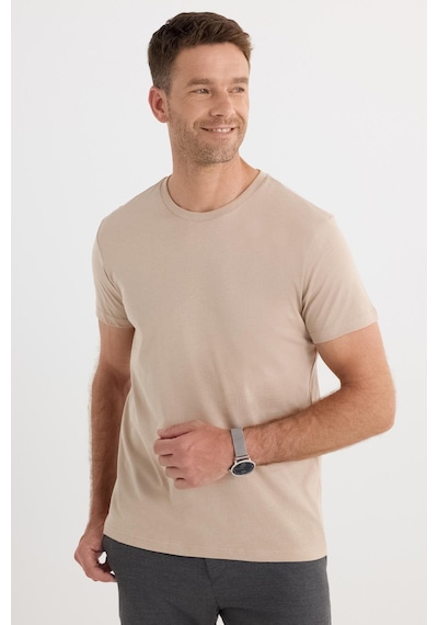 Tudors Unisex Slim Fit Dar Kesim %100 Pamuk Yumuşak Dokulu Taş Bisiklet Yaka Tişört-33794 Taş
