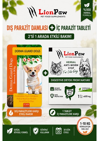 2'li Set 1-10 Kg Köpekler Için Bitkisel Iç Tablet Dış Ense Bitkisel Damla Seti - 1 Damla 1 Tablet