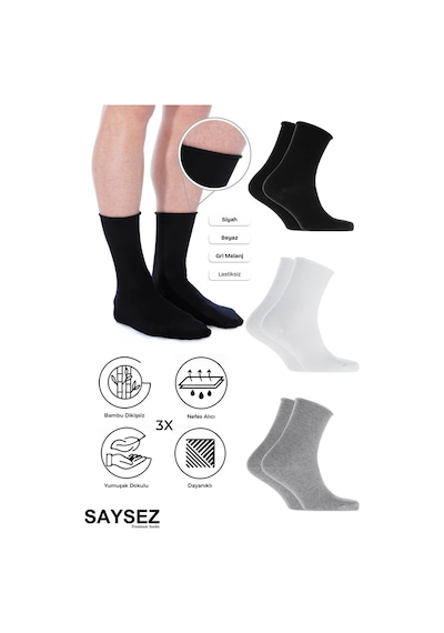 Saysez Bambu Erkek Lastiksiz Renkli Soket Dikişsiz Premium Çorap 3'lü Paket / İz Bırakmaz / Sıkmayan Çorap Beyaz - Gri - Siyah