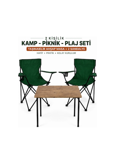 2 Sandalyeli Katlanır Kamp Masa Sandalye Seti 60x45 Cm 3 Parça Yeşil - Kahverengi
