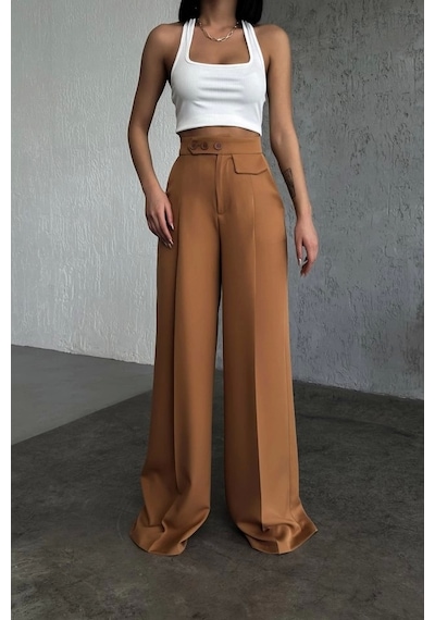 Defymoda Üç Düğme Detayli Palazzo Pantolon Kiremit