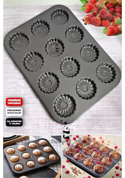 12li Cupcake Muffin Kalıbı Gül Kabartmalı Yanmaz Yapışmaz Fırın Kek Kapsül Paslanmaz Çelik Siyah