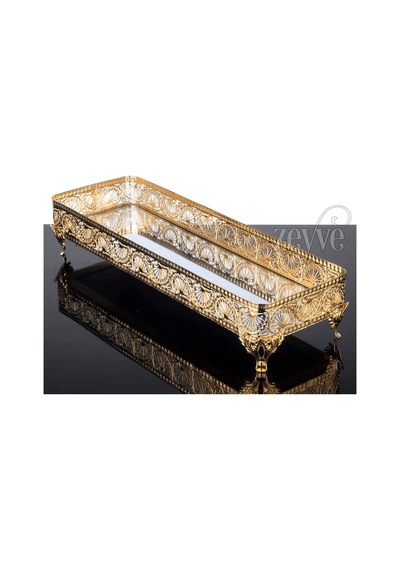 Aynalı Tepsi Dekoratif Sunum Tepsisi Uzun Metal Gold 40 X 14 Cm Hünkar Model