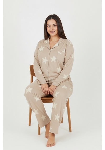 Bravie Luxury Soft Bej Yıldız Desenli Uzun Kollu Kadın Pijama Takımı Büyük Beden 3011 Bej