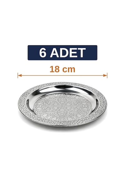 Binbir Trend 18 Cm İşlemeli Kenarlı Otantik Desenli Krom Çelik Meze Ve Servis Tabağı 6 Adet