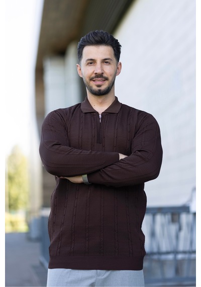 Hk Premium Triko Kazak Polo Yaka Fermuarlı Slim Fit Kahverengi