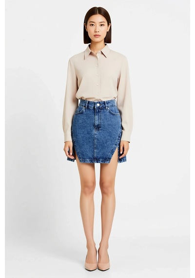 Benerly Kadın Mini Denim Etek Yüksek Bel A-line Kesim Yırtmaçlı Detaylı % Mavi
