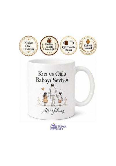 Kızı Ve Oğlu Babayı Seviyor Yazılı Kupa Bardak Babalar Günü Hediye Beyaz / Çok Renkli