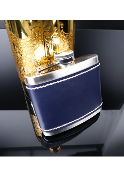 Perlotus 5 Oz-150 Cc Hunili Lacivert Premium Deri Kılıf Çelik Viski İçki Konyak Matarası Sevgililer Günü