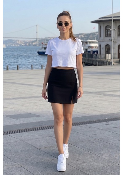 Bestenur Yırtmaçlı Mini Etek 1734 - Siyah