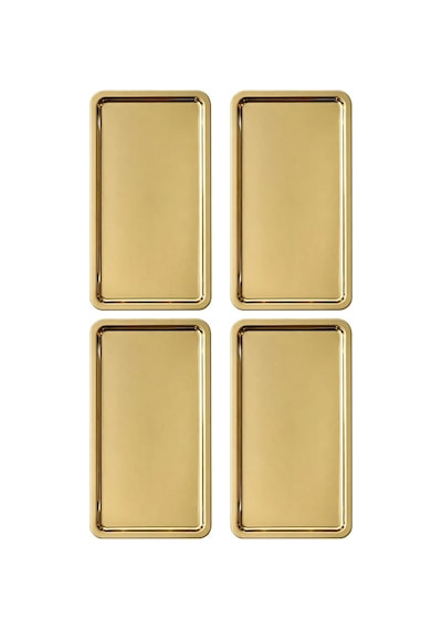4 Adet Gold Geniş Dikdörtgen Metal Sunum Tepsisi 33x18 Cm Düz Çay Kahve Tatlı Ikram Tepsisi Seti Altın