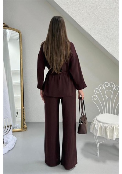 Neşeli Butik Kadın Kahverengi Gömlek Yaka Bağlama Detaylı İkili Takım Nbg125