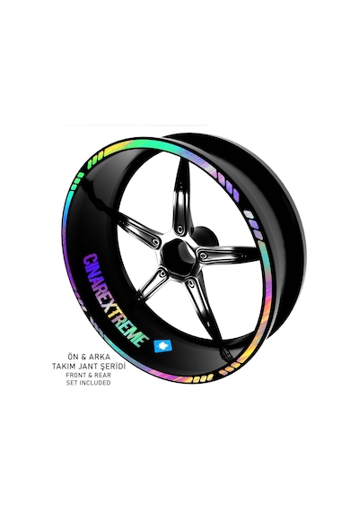Çınar Extreme Rainbow Gökkuşağı Hologram Efektli 4 Parçalı Kesikli Motosiklet Jant Şeridi Sticker