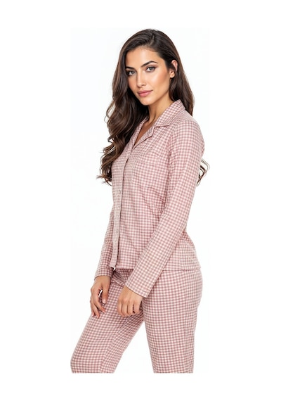 Luxury Soft Pudra Kareli Uzun Kollu Kadın Pijama Takımı 3049 Pudra