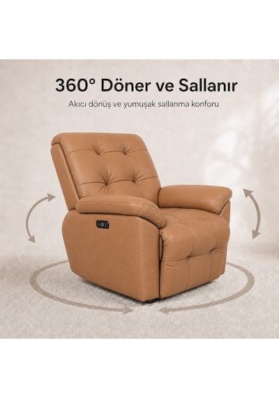 Smarto Relax Zürih Vıp Elektrikli Döner Sallanan Tv Koltuğu Kontrol Panelli Ergonomik Gerçek Deri Baba Koltuğu Kahverengi