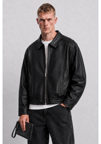 Ohepmoda Oversize Rahat Kalıp Lastikli Erkek Deri Ceket Siyah