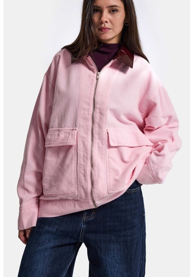 Kadın 6w6-98 Oversize Velvet Kadife Kumaş Deri Detaylı Tasarım Ceket Pembe