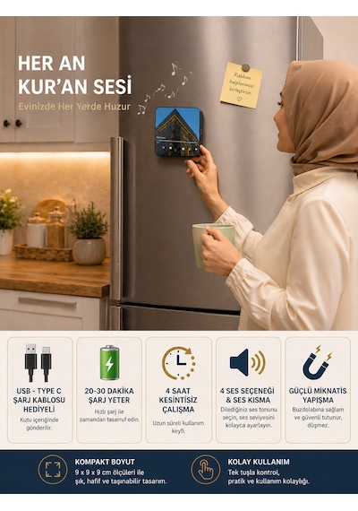 Nuh Suresi Sesli Dijital Buzdolabı Magneti Usb Şarjlı 4 Saat Çalışma Güçlü Mıknatıs Tek Tuş Kontrol Siyah