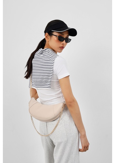 Shule Bags Mode Zincirli Ay Çapraz Çanta Krem