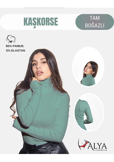 Alya Underwear Kaşkorse Tam Boğazlı Body Sweatshirt, Fitilli Kumaş, Likralı, Gül Kurusu Okaliptus