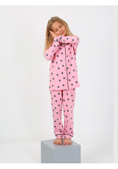 Kız Çocuk Uzun Kollu %100 Pamuklu Düğmeli Pijama Takımı Soft Pembe