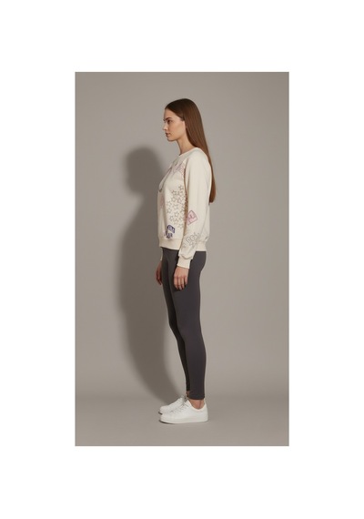 The Kadın %100 Pamuk Baskılı Bisiklet Yaka Sweatshirt 3 İplik Şardonsuz Rahat Kalıp Krem