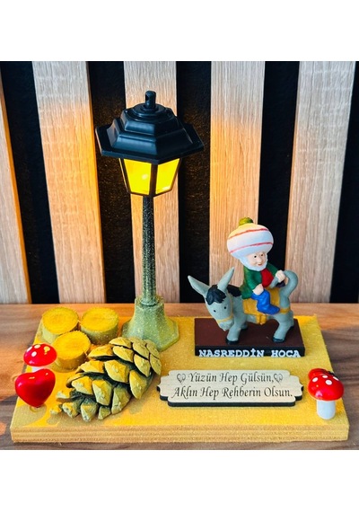 Dekoratif Nasreddin Hoca Biblosu Işıklı Ahşap Standlı El Yapımı Nostaljik Hediye