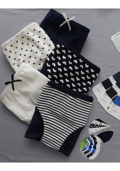Alya Underwear Kız Çocuk Kalpli Dokuma Lastik Pamuklu Kumaş Slip Külot 5'li Paket 5 Adet Beyaz Multicolor-x29