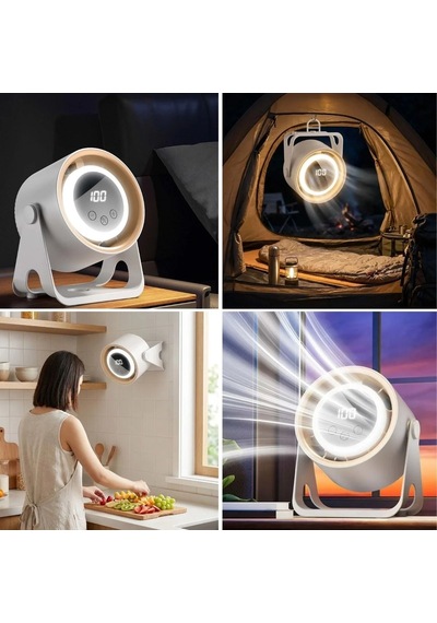 6 Kademeli Şarjlı Masaüstü Fan Dijital Led Ekranlı, Oynar Başlıklı, Led Işıklı, Askılı Ve Duvara Monte