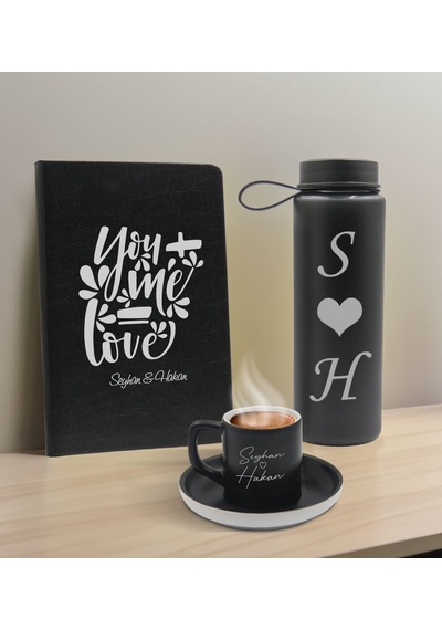 Bk Gift Sevgiliye Özel İsimli Siyah Defter, Cam Matara Ve Türk Kahvesi Fincanı Hediye Seti-10, Sevgiliye Hediye, Sevgililer Günü, Yeni İş Hediyesi