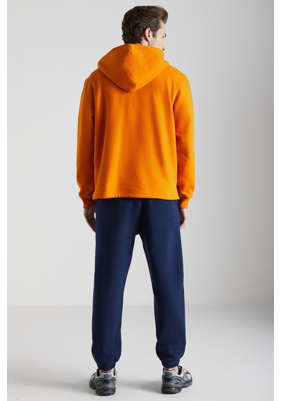 Grimelange Karlo Erkek Pamuklu Kapüşonlu Yakası Düğmeli Turuncu Sweatshirt