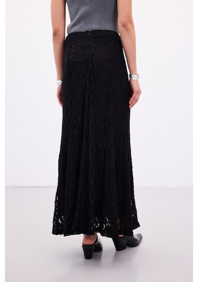 Sateen Dantelli Uzun Etek - Siyah-136891 Siyah